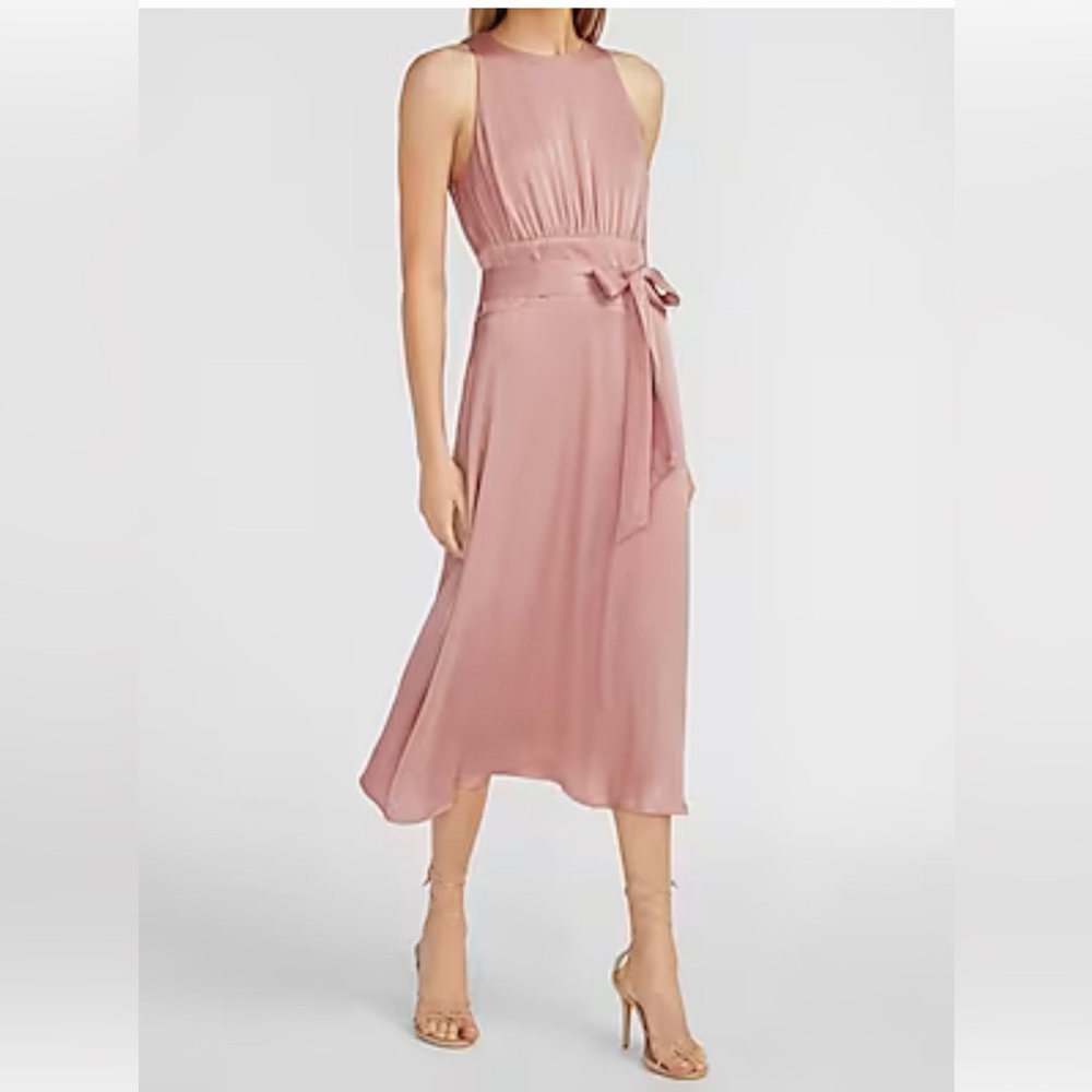 Satin belted high neck dress